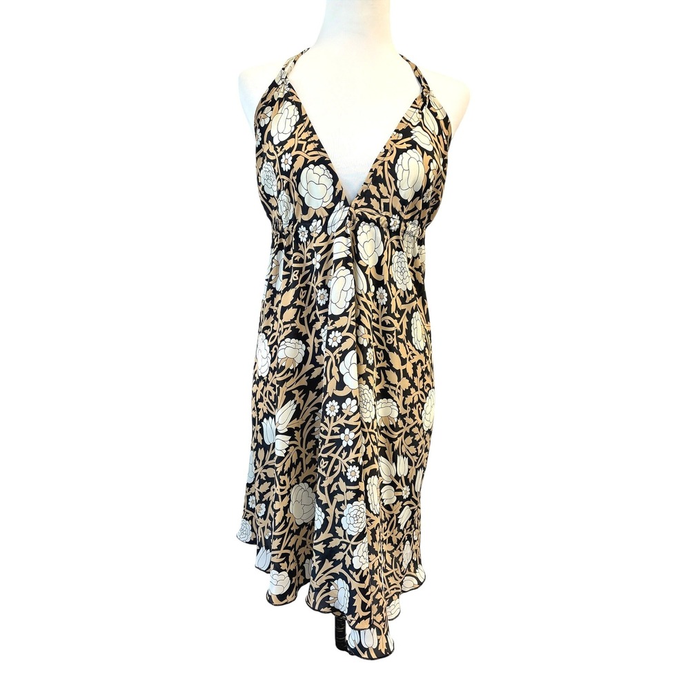 Kariella Floral Satin Halter Mini Dress Tan Black White Tassel Backless Size‎ 4